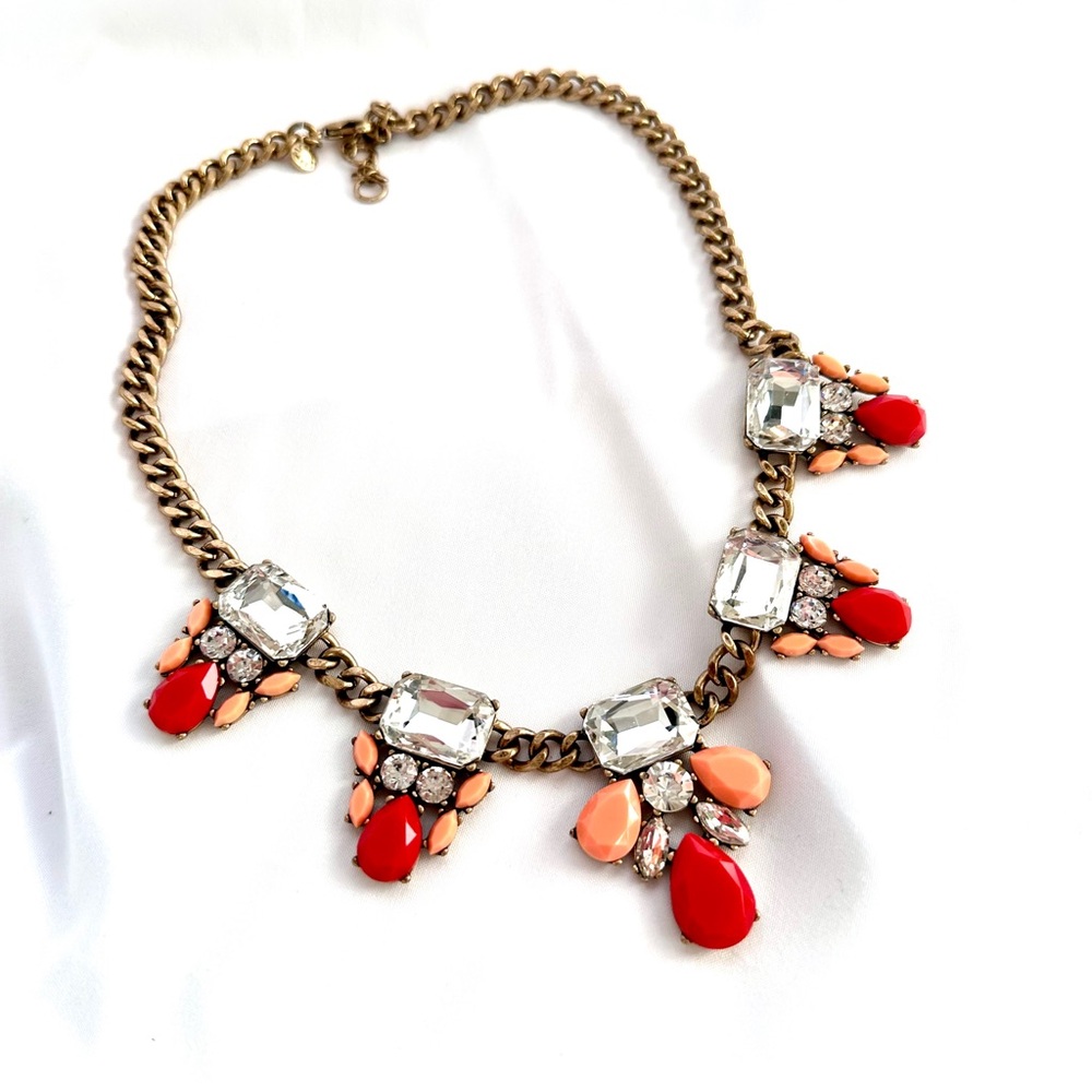 J. CREW Red & Orange Brass Statement Necklace with Crystal Accents - Picture 6 of 9